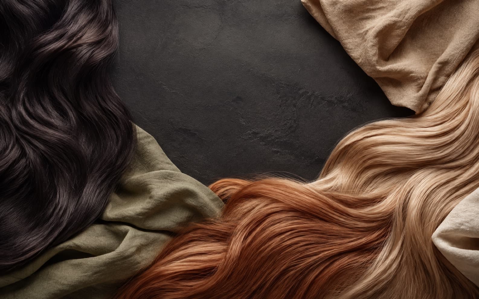 A flowing arrangement of brunette, copper, and blonde hair